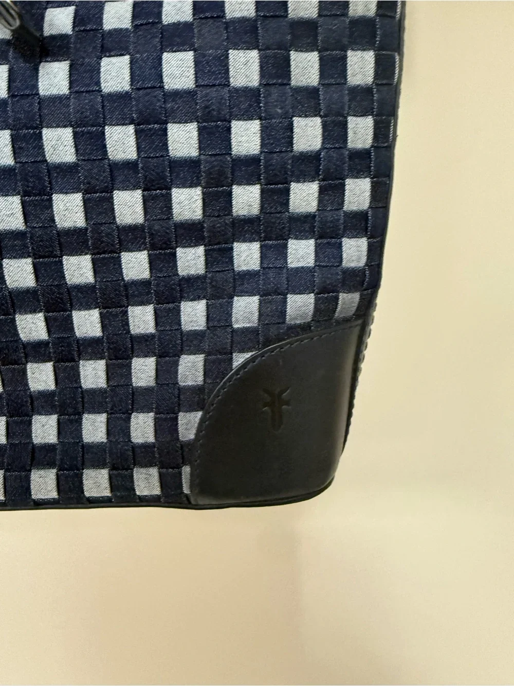 Frye Navy Denim Check Drawstring Hobo